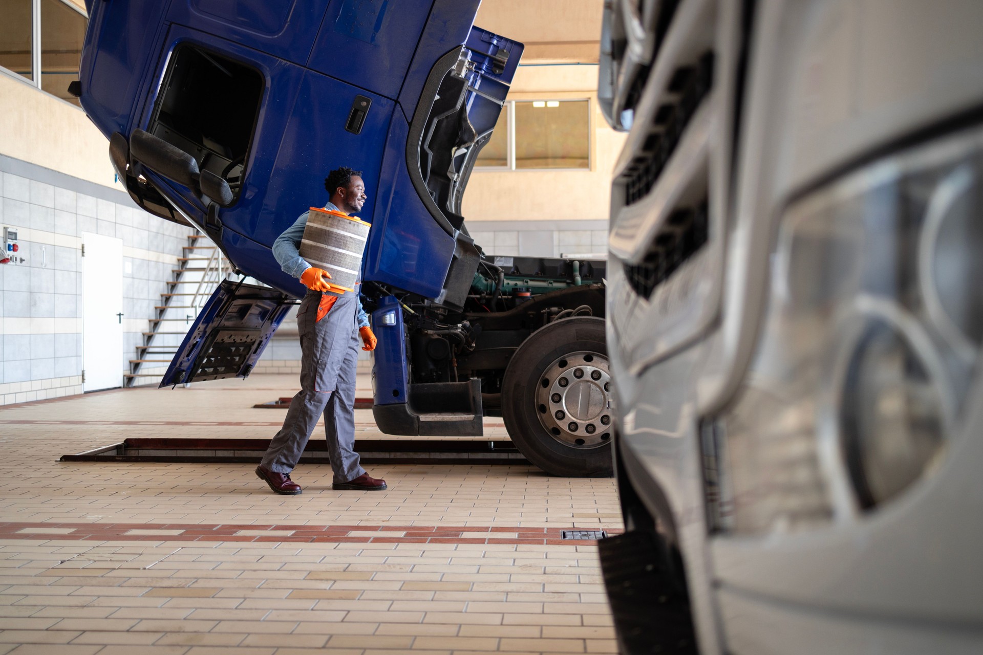 Truck service workshop. Regular maintenance service of truck vehicles.